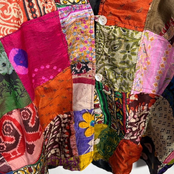 Sacred Threads Flowy Vintage Silk Patchwork Button-front Jacket Boho Top W2098 - Picture 4 of 8